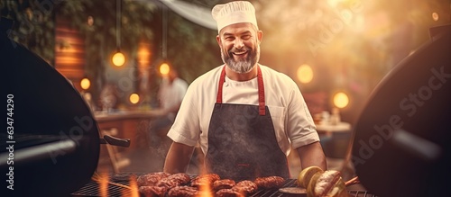 Chef grilling outdoors holding utensil space to add text