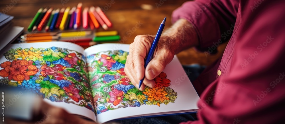 Fototapeta premium Caucasian senior man enjoying coloring book for National Coloring Book Day promoting retirement wellness and relaxation through art