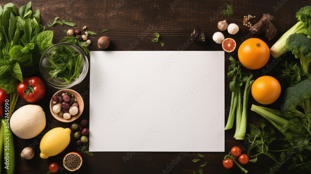 Digital tablet computer with mockup white screen on vegetarian healthy food vegetable background. Online grocery shopping delivery app ads concept,