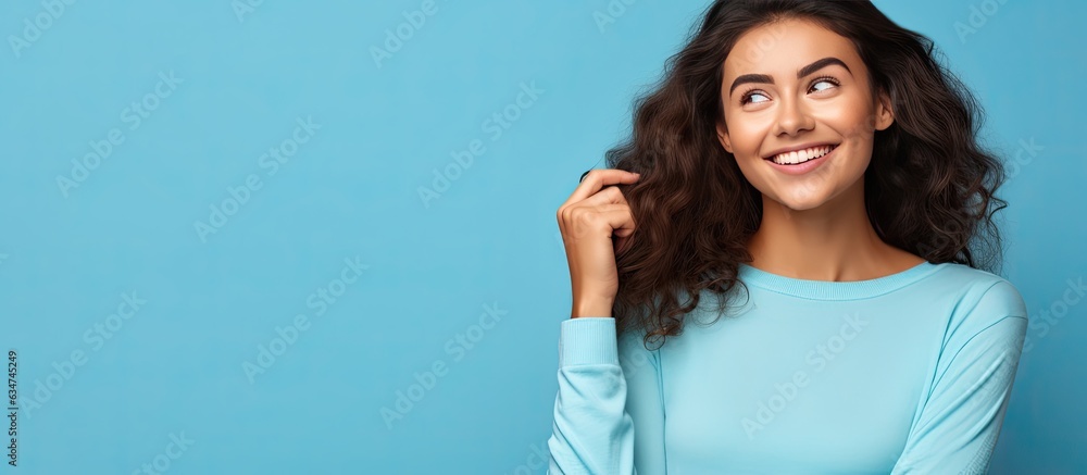 Cheerful girl holds copy space chooses idea isolated on blue background Cheerful girl holds copy space chooses idea isolated on blue background