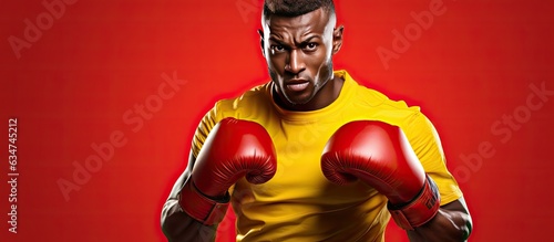 A focused Black boxer posing with red gloves ready to punch against a yellow background looking to the side © HN Works
