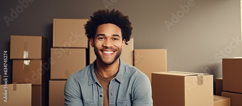 Attractive young man smiling in room with boxes enjoying moving day empty area photo