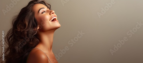 Happy woman shouting and calling in profile view with empty space on the side