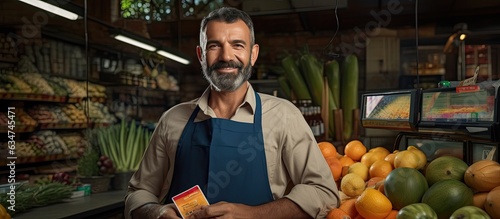 Latin greengrocer holding credit card and making eye contact with camera
