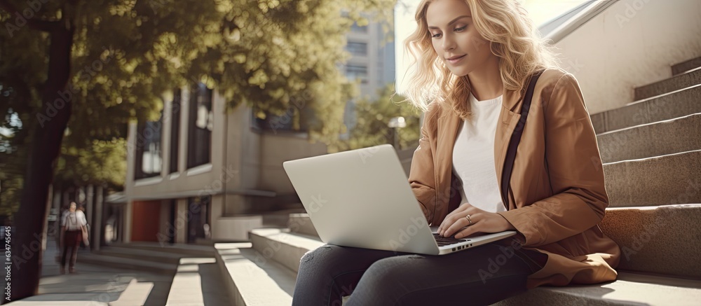 Blonde female student using laptop on steps