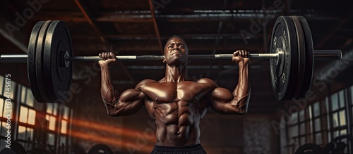 Foto Black male bodybuilder exercising at the gym focusing on his arms while looking