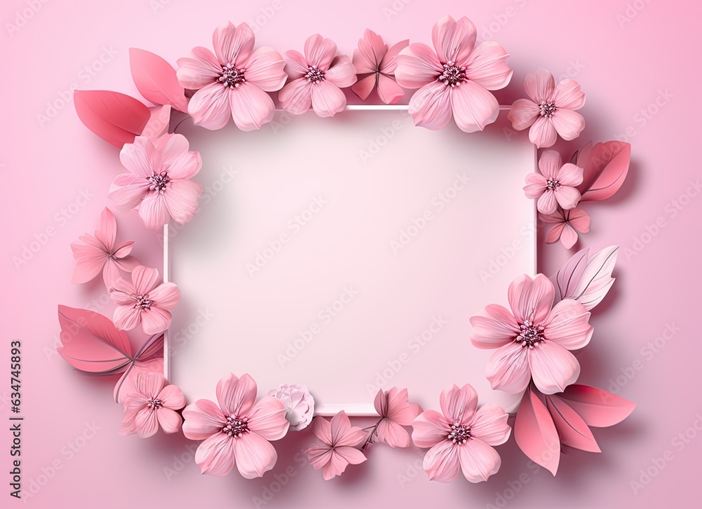 Beautiful pink hydrangea flowers, white wooden photo frames on pink background top view flat lay copy space. Flower card.