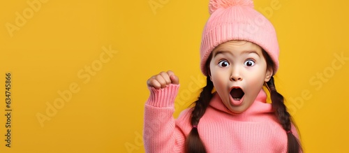 Surprised girl with ponytails in pink shirt and beanie hat pointing away on yellow background for advertising