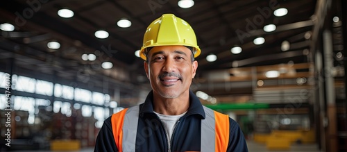 Composite image of a biracial mature male manager in a warehouse portraying safety and protection in his occupation © HN Works