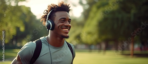 Fit happy African American man with earbuds and smartwatch jogging in green park listening to music full length photo