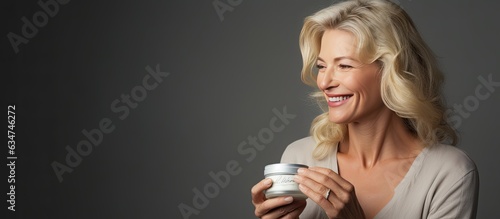 Senior woman with blonde hair applies moisturizing cream on her shoulder looking beautiful and enjoying anti aging skincare with a jar of lotion nearby