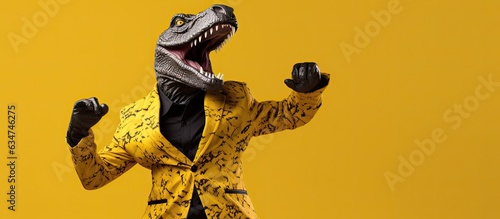 Photo Leopard jacketed man in dinosaur mask dances comically isolated on yellow backgr