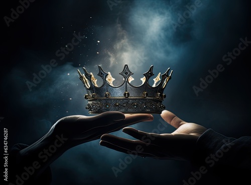 Fotografia mysteriousand magical image of woman's hand holding a gold crown over gothic black background