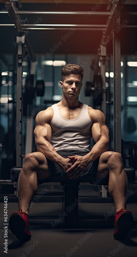 Fit young man resting in gym with empty space on the left