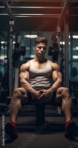Fit young man resting in gym with empty space on the left