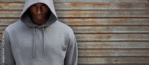 African American man in grey hoodie against wooden fence space to write Fashion casual clothes unmodified photo