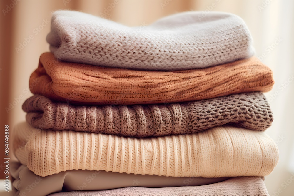 Stack of wool sweaters, earth autumn colors, close up