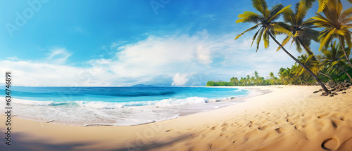 Tropical beach with palm trees. Generative AI © Denniro