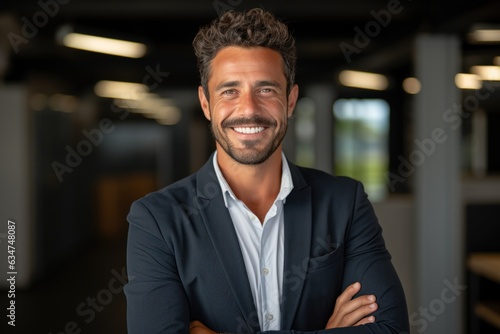 Happy young Latin businessman looking at a camera in the office, headshot portrait.