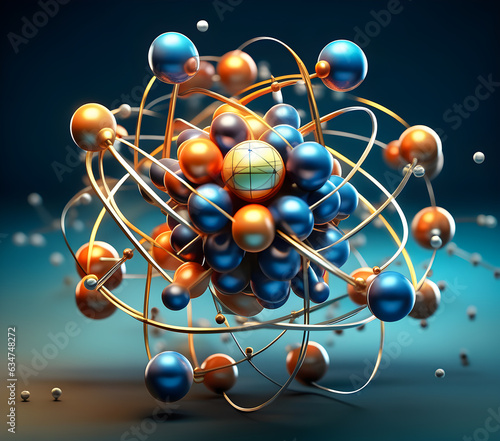 3d Design images that depict the fundamental components of an atom, including protons, neutrons, and electrons, with their respective charges and positions within the atom. Generative AI, illustration