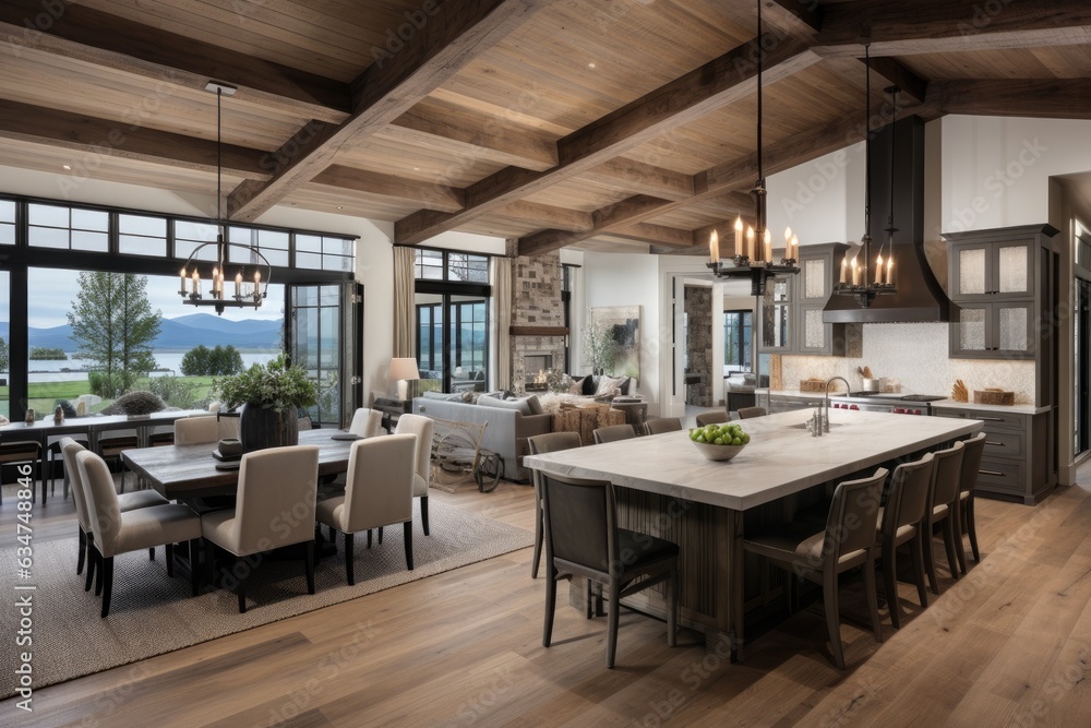 New farmhouse style luxury home with elegant pendant light fixtures and open concept floor plan design showcases a dining room and kitchen featuring a stunning cross hatch wooden beam ceiling.