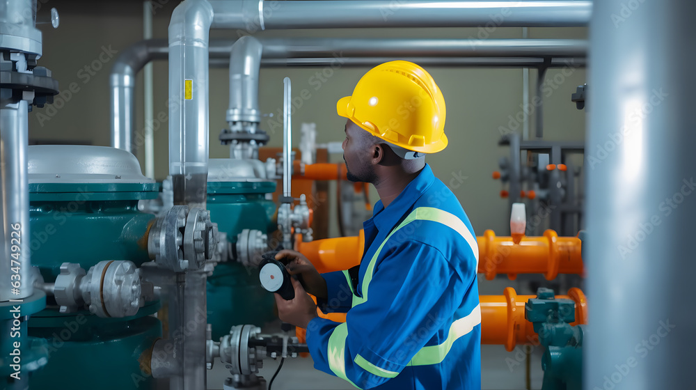 Worker industry engineer background Industrial pipeline, oil and gas factory, blue color banner with sun ligh. Generation AI. Worker industry engineer background Industrial pipeline, oil and gas factory, blue color banner with sun ligh. Generation AI.