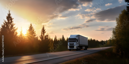 White truck driving on highway winding through forested landscape, sunset light. Generation AI © Adin