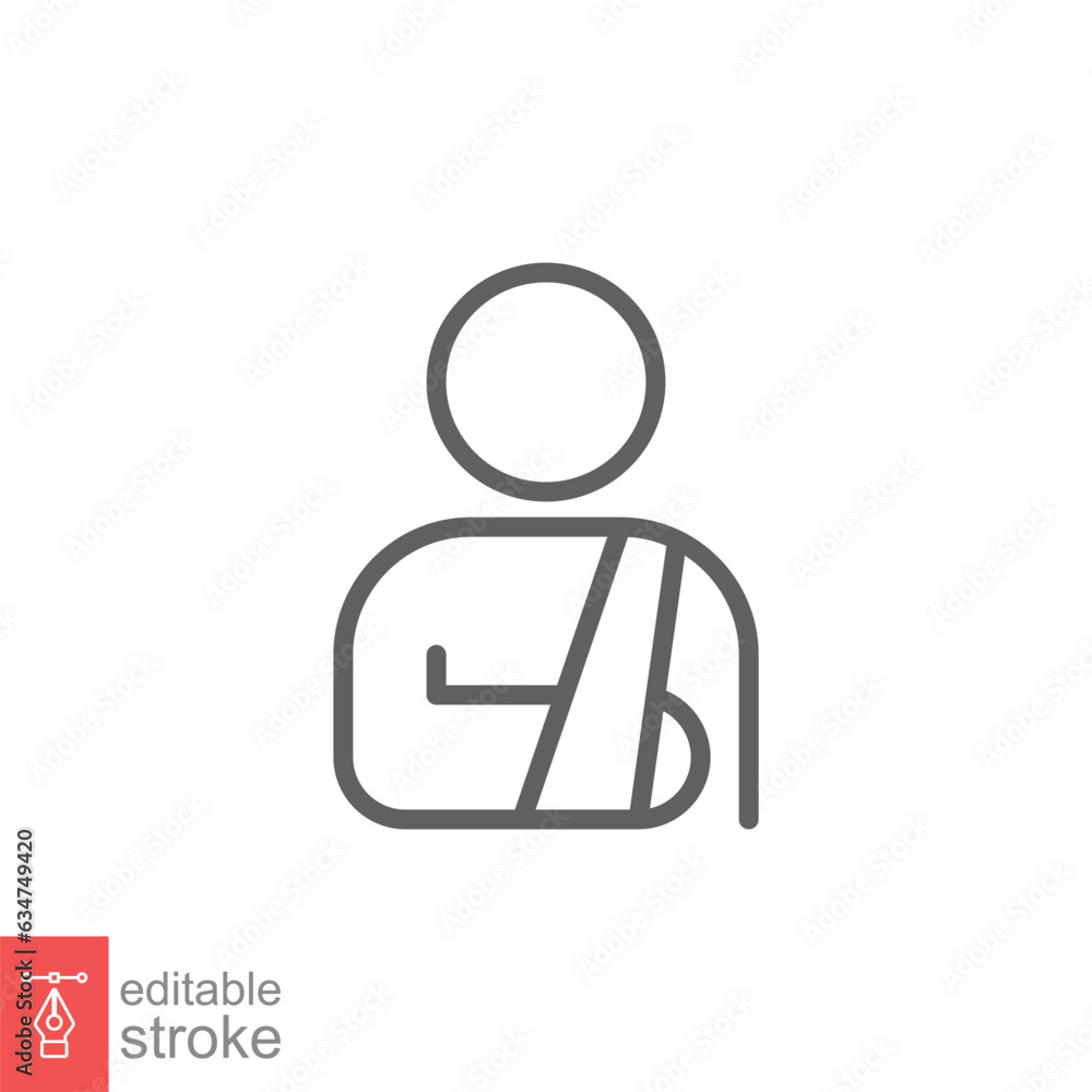 Injured man in bandage icon. Simple outline style. Broken arm, patient, person, wound, medical concept. Thin line symbol. Vector illustration isolated on white background. Editable stroke EPS 10. Injured man in bandage icon. Simple outline style. Broken arm, patient, person, wound, medical concept. Thin line symbol. Vector illustration isolated on white background. Editable stroke EPS 10.