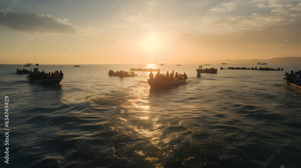 Refugee migrants sail illegally on ship boat across sea from Africa or Afghanistan sunset. Generation AI
