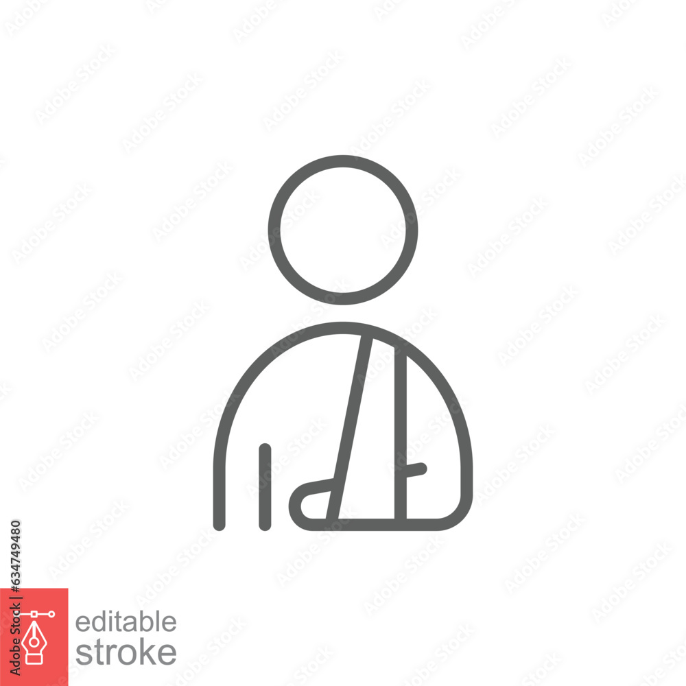 Injured man in bandage icon. Simple outline style. Broken arm, patient, person, wound, medical concept. Thin line symbol. Vector illustration isolated on white background. Editable stroke EPS 10. Injured man in bandage icon. Simple outline style. Broken arm, patient, person, wound, medical concept. Thin line symbol. Vector illustration isolated on white background. Editable stroke EPS 10.