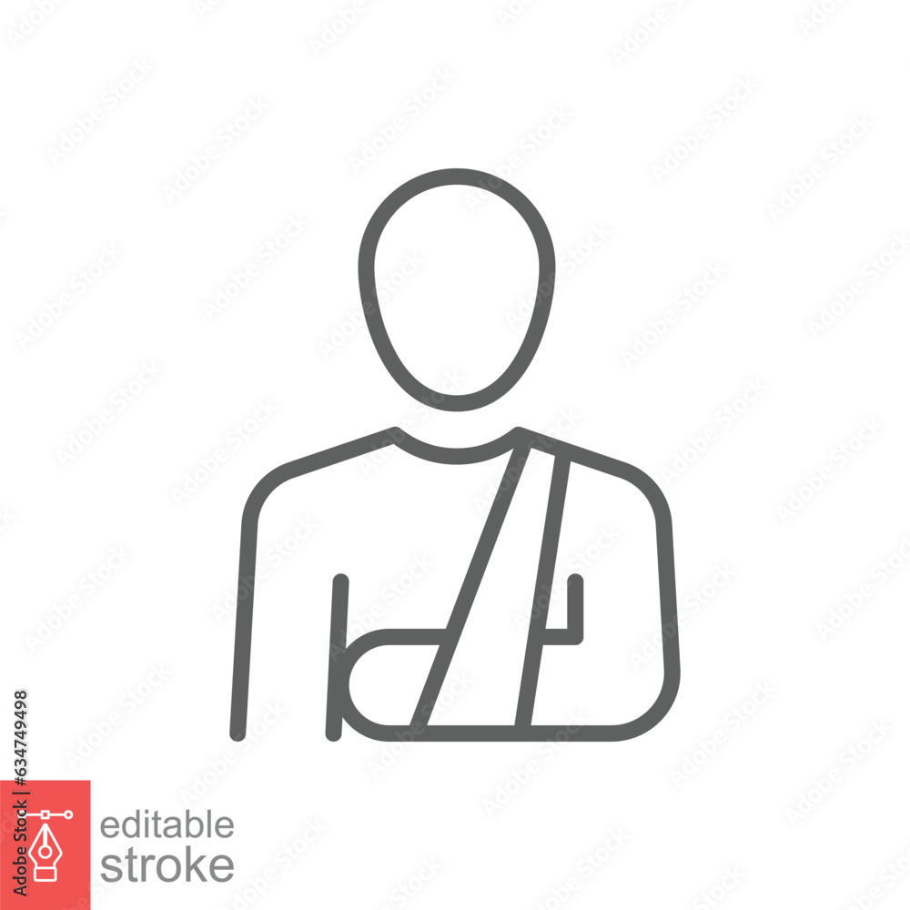 Obraz premium Injured man in bandage icon. Simple outline style. Broken arm, patient, person, wound, medical concept. Thin line symbol. Vector illustration isolated on white background. Editable stroke EPS 10.