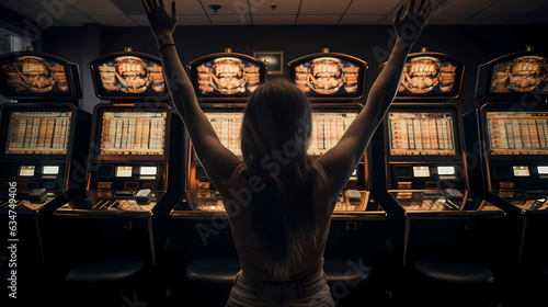 Happy winner woman background slot machines in casino, jackpot banner. Generation AI