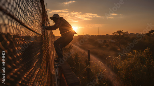 Fotografie, Obraz Illegal border crossing by migrant over fence between Mexico and United States