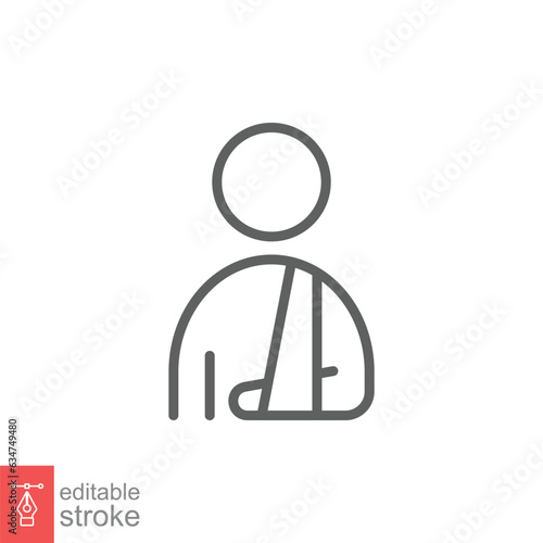 Injured man in bandage icon. Simple outline style. Broken arm, patient, person, wound, medical concept. Thin line symbol. Vector illustration isolated on white background. Editable stroke EPS 10.