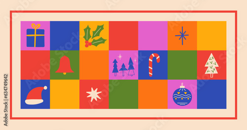 Merry Christmas trendy poster, card, banner template. Hand drawn vector illustration elements. Colorful holiday greeting poster design with lettering inscription design