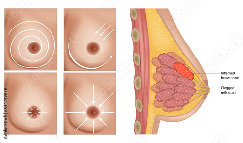 Traditional breast massage for treatment of clogged milk duct. Lactation Massage. Clogged milk duct. Inflamed breast lobe. Clogged milk duct. Inflamed breast lobe. Mastitis