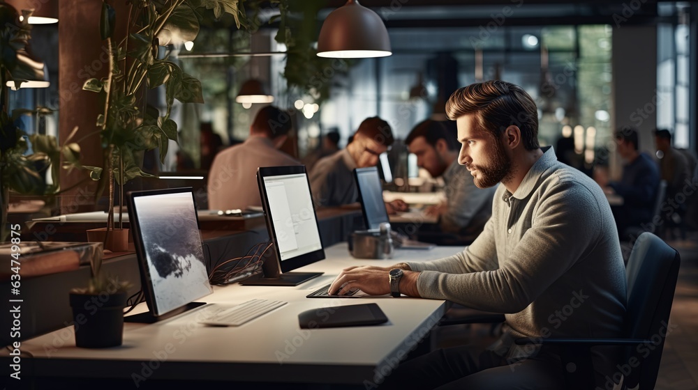 modern interior workspace office with businesspeople working with cheerful smart technology career and professional business workplace background,ai generate modern interior workspace office with businesspeople working with cheerful smart technology career and professional business workplace background,ai generate