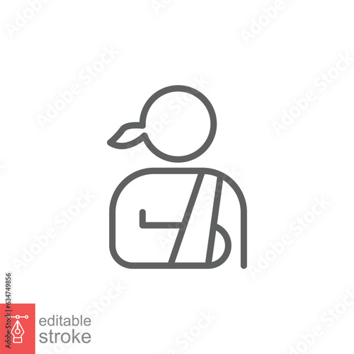 Injured woman in bandage icon. Simple outline style. Broken arm, patient, female, wound, medical concept. Thin line symbol. Vector illustration isolated on white background. Editable stroke EPS 10.