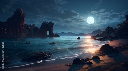 A beach at night with a full moon in the sky