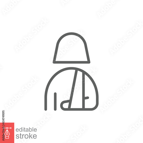 Injured woman in bandage icon. Simple outline style. Broken arm, patient, female, wound, medical concept. Thin line symbol. Vector illustration isolated on white background. Editable stroke EPS 10.