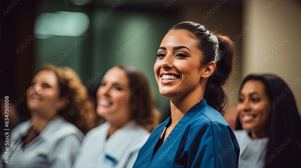 smiling cheerful nurse doctor sit relax in seminar training class nurse doctor group happiness positive face expression in education class hospital background,ai generate smiling cheerful nurse doctor sit relax in seminar training class nurse doctor group happiness positive face expression in education class hospital background,ai generate