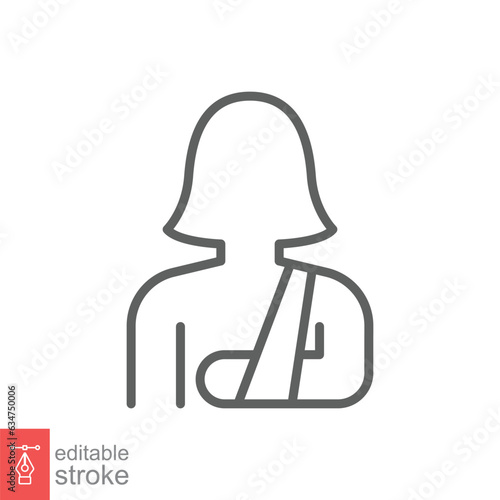 Injured woman in bandage icon. Simple outline style. Broken arm, patient, female, wound, medical concept. Thin line symbol. Vector illustration isolated on white background. Editable stroke EPS 10.
