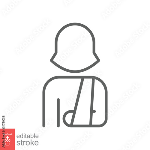 Injured woman in bandage icon. Simple outline style. Broken arm, patient, female, wound, medical concept. Thin line symbol. Vector illustration isolated on white background. Editable stroke EPS 10.