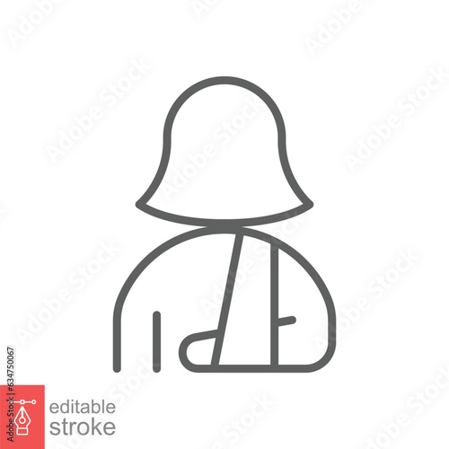 Injured woman in bandage icon. Simple outline style. Broken arm, patient, female, wound, medical concept. Thin line symbol. Vector illustration isolated on white background. Editable stroke EPS 10.
