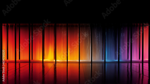 Rainbow colored waterfall wall reflecting on smooth tiles