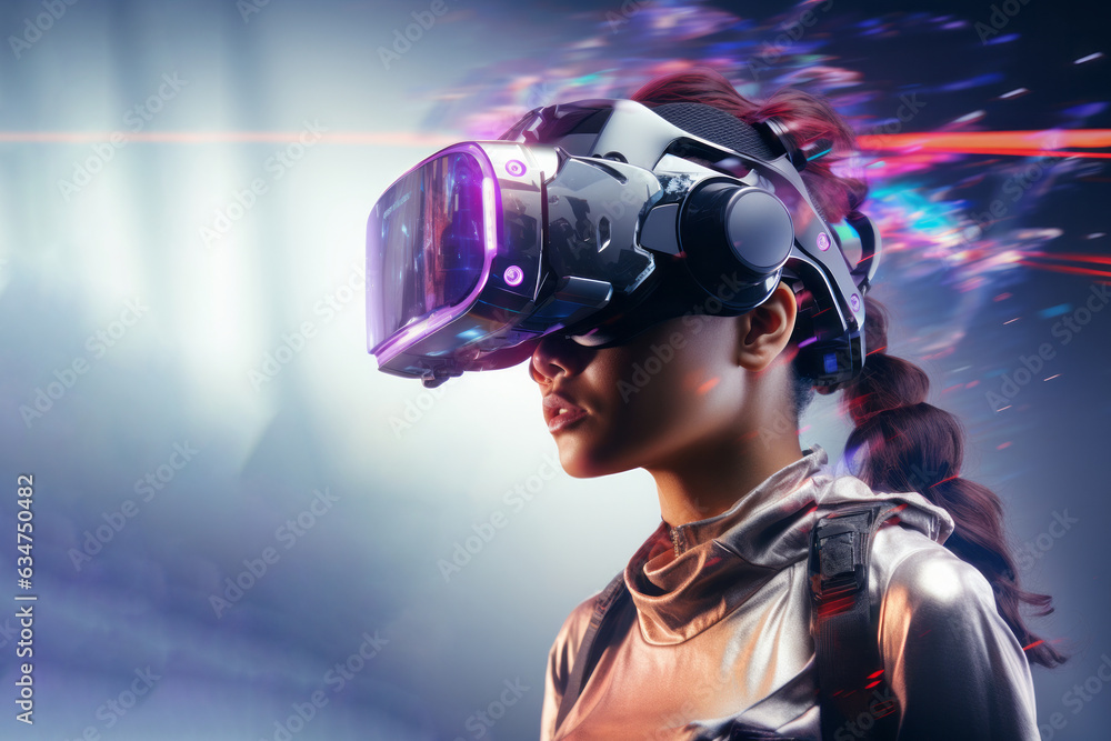 Woman wearing vr technology glasses on neon colour lights background Woman wearing vr technology glasses on neon colour lights background