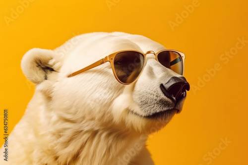 Trendy and stylish polar bear sporting shades on a vibrant yellow background. A perfect image for fashion and wildlife lovers. AI Generative. © sorapop