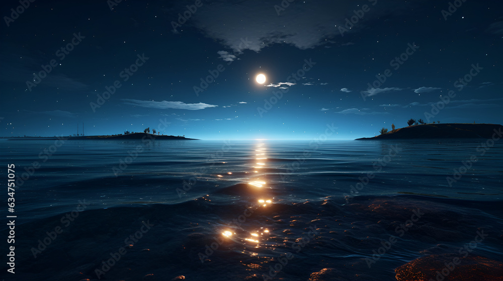 Moonlight reflects on the ocean waves at night with islands in the background