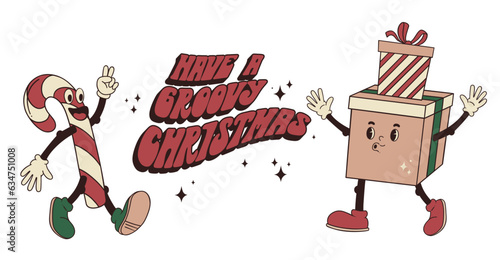 Have a groovy Christmas. Vector illustration of christmas mascots: cartoon candy cane and gift box with eys, hands, legs and hand lettering in retro style