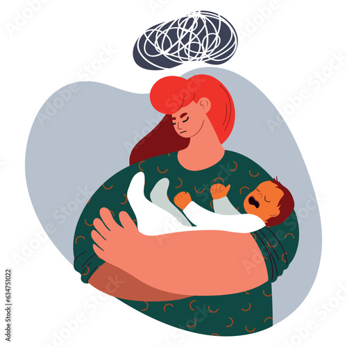 A woman holds a crying child in his arms she turned away from the child, she is sad, tired. Vector illustration. Concept of postpartum depression, fatigue and exhaustion, solo parenthood